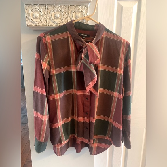 Madewell Plaid Tie-Neck Shirt Brown/Plum Cranberry - M - Picture 10 of 15